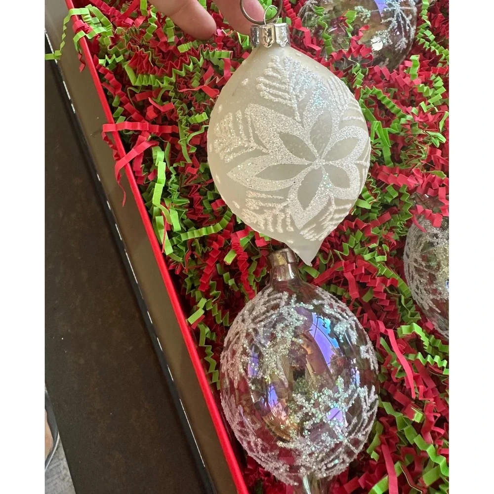 Set of 7 Iridescent Glitter Snowflake Christmas Ornaments‎ Vintage Glass Style